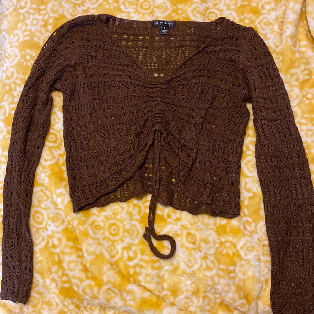 brown see through long sleeve crop